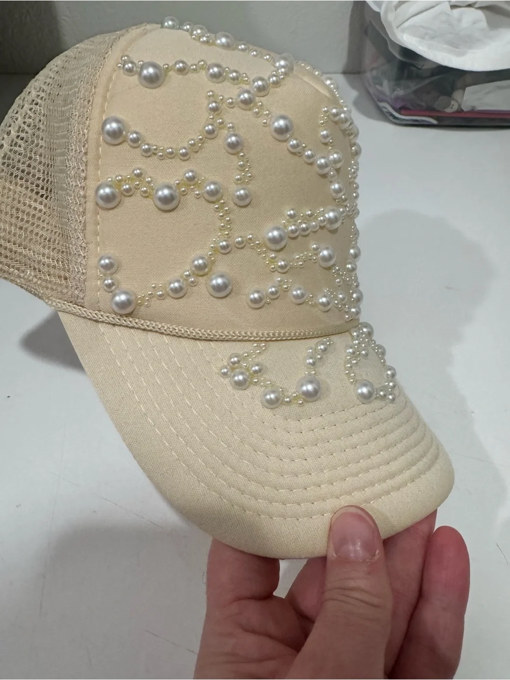 Pearl-Embellished Beige Baseball Cap - Women Accessories